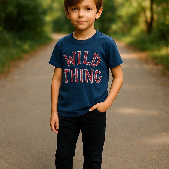 Homage Boys Tee Red Blue WILD THING Tiki Font Writing Size 8 Short Sleeves - Picture 1 of 7
